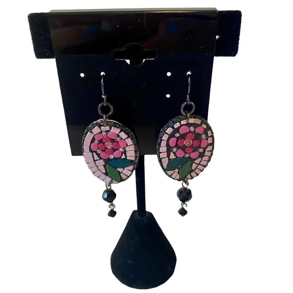 Mosaic Pink Flower Drop Earrings. Beautiful & Unique.